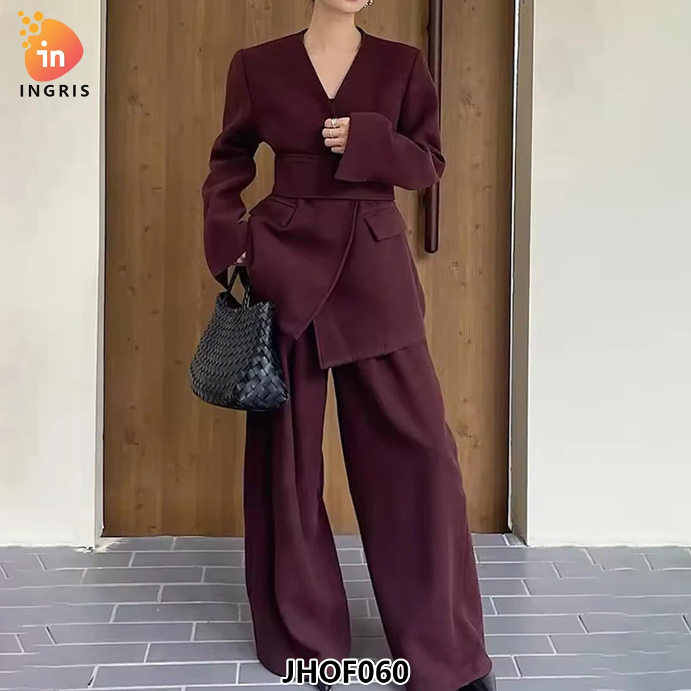 Fashion splicing belt high waist wide leg pants solid color ladies suit women two piece suit-JHOF060
Fashion splicing belt high waist wide leg pants solid color ladies suit women two piece suit-JHOF060