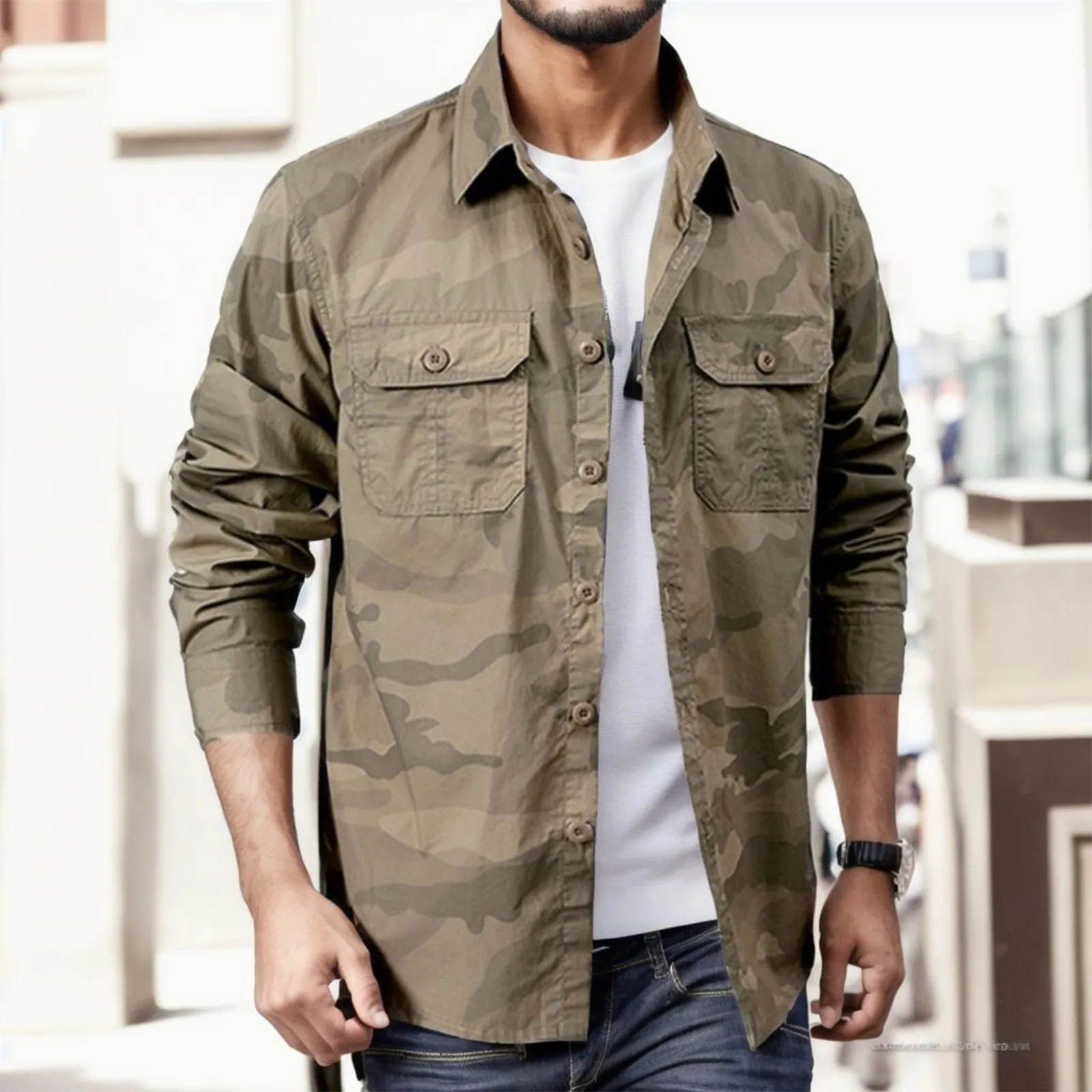 Men Camouflage Shirt Coat Long-Sleeve Turn-Down-Collar Button Cargo Blouse With Double Pockets Business Athletic Male Clothing
Men Camouflage Shirt Coat Long-Sleeve Turn-Down-Collar Button Cargo Blouse With Double Pockets Business Athletic Male Clothing