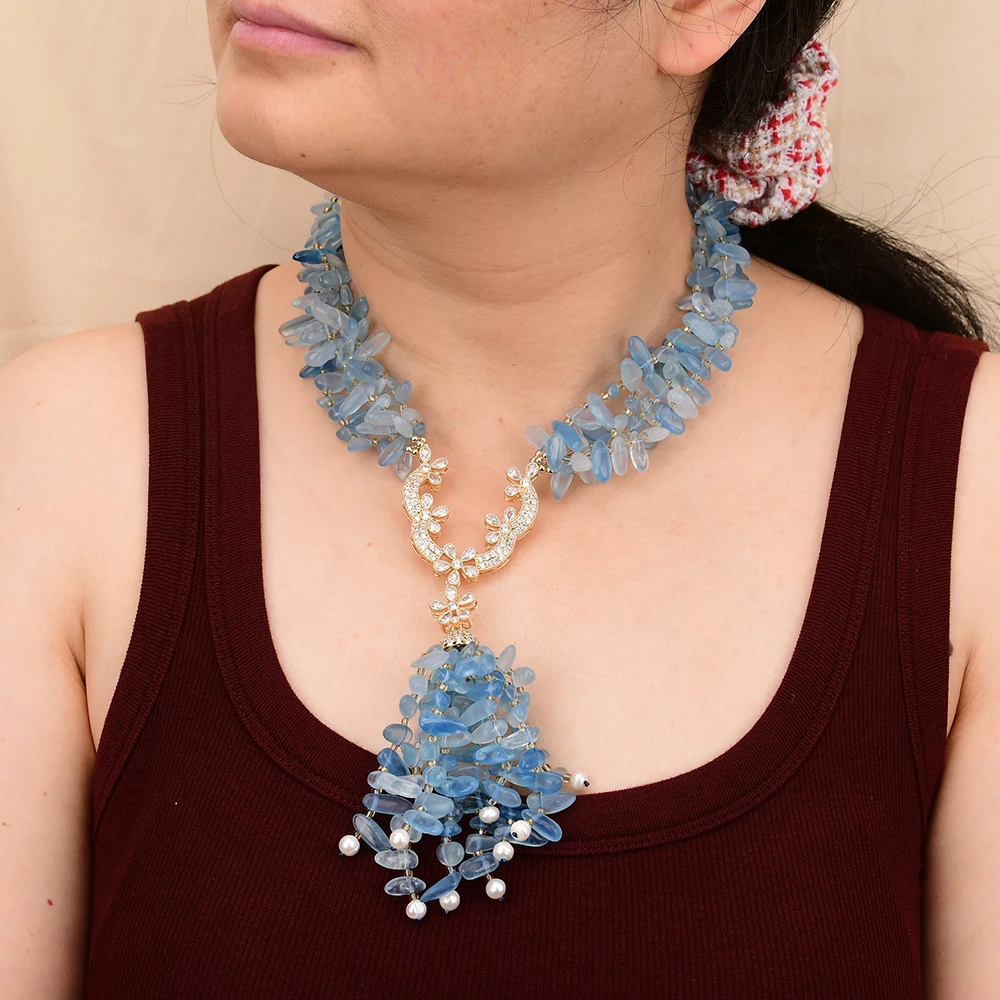 GG 4 Strands A+ Natural Blue Aquamarine Gems Stone Necklace CZ Flower Connector White Pearl Pendant
GG 4 Strands A+ Natural Blue Aquamarine Gems Stone Necklace CZ Flower Connector White Pearl Pendant