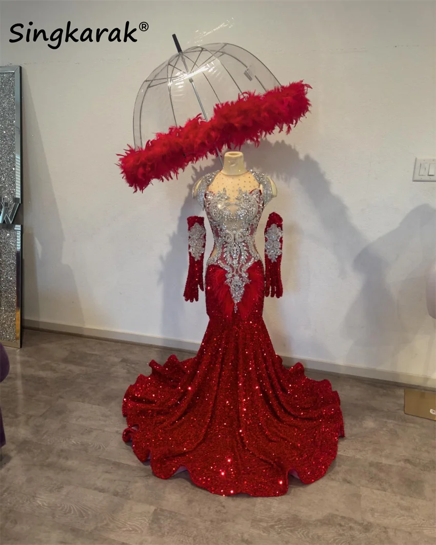 Luxury Red Diamonds Long Prom Dress With Two Gloves Beads Crystals Feathers Birthday Party Wedding Reception Customized
Luxury Red Diamonds Long Prom Dress With Two Gloves Beads Crystals Feathers Birthday Party Wedding Reception Customized