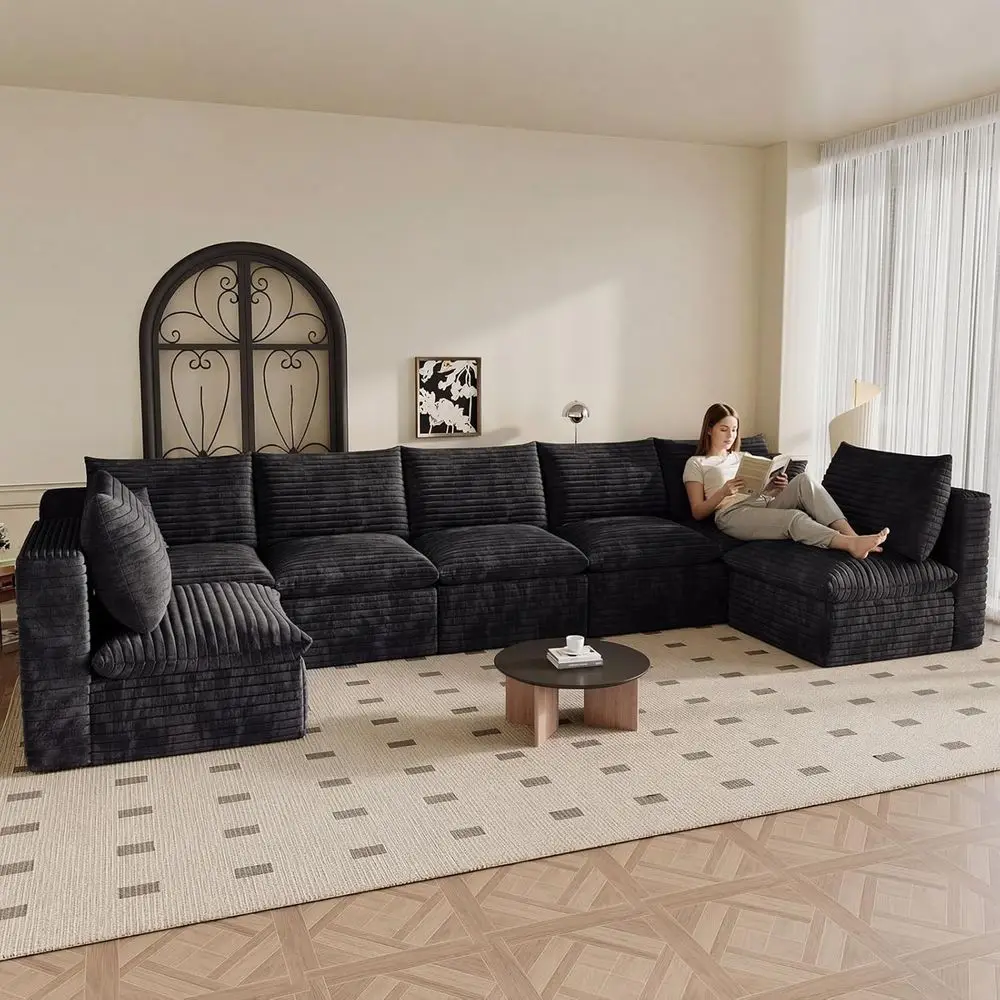 7-Seater U-Shaped Cloud Sectional Sofa, Deep-Seat Corduroy, Living Room/Bedroom, Ready to Use, Black
7-Seater U-Shaped Cloud Sectional Sofa, Deep-Seat Corduroy, Living Room/Bedroom, Ready to Use, Black