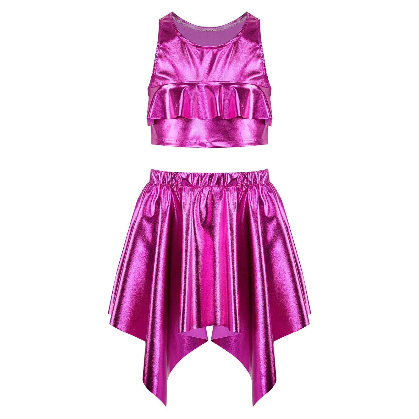 Kids Modern Dance Wear Metallic Ruffle Vest Top And Elastic Waist Asymmetrical Skirt for School Girls Cheerleading Competitions
Kids Modern Dance Wear Metallic Ruffle Vest Top And Elastic Waist Asymmetrical Skirt for School Girls Cheerleading Competitions