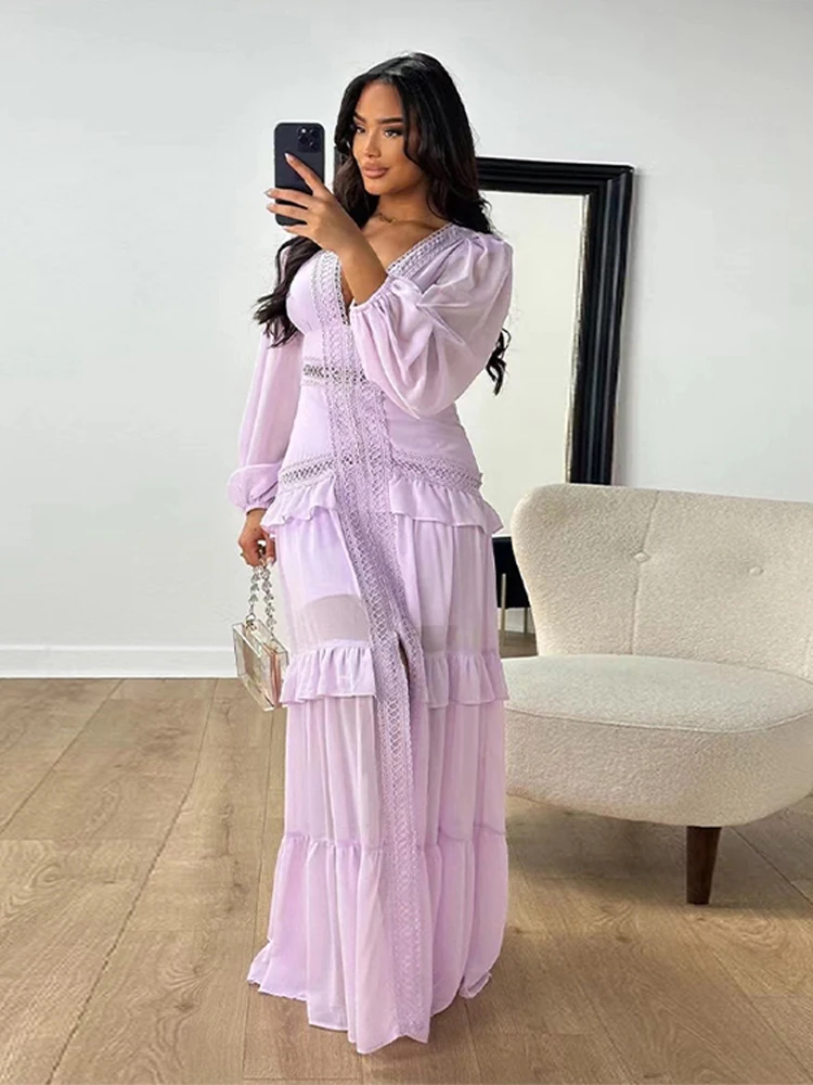 V-Neck Lace Long Dress Vintage Hollowed Out Ruffled Pleats Fluffy Sleeves Fashion Robes Elegant Maxi Dresses Women's Clothing
V-Neck Lace Long Dress Vintage Hollowed Out Ruffled Pleats Fluffy Sleeves Fashion Robes Elegant Maxi Dresses Women's Clothing