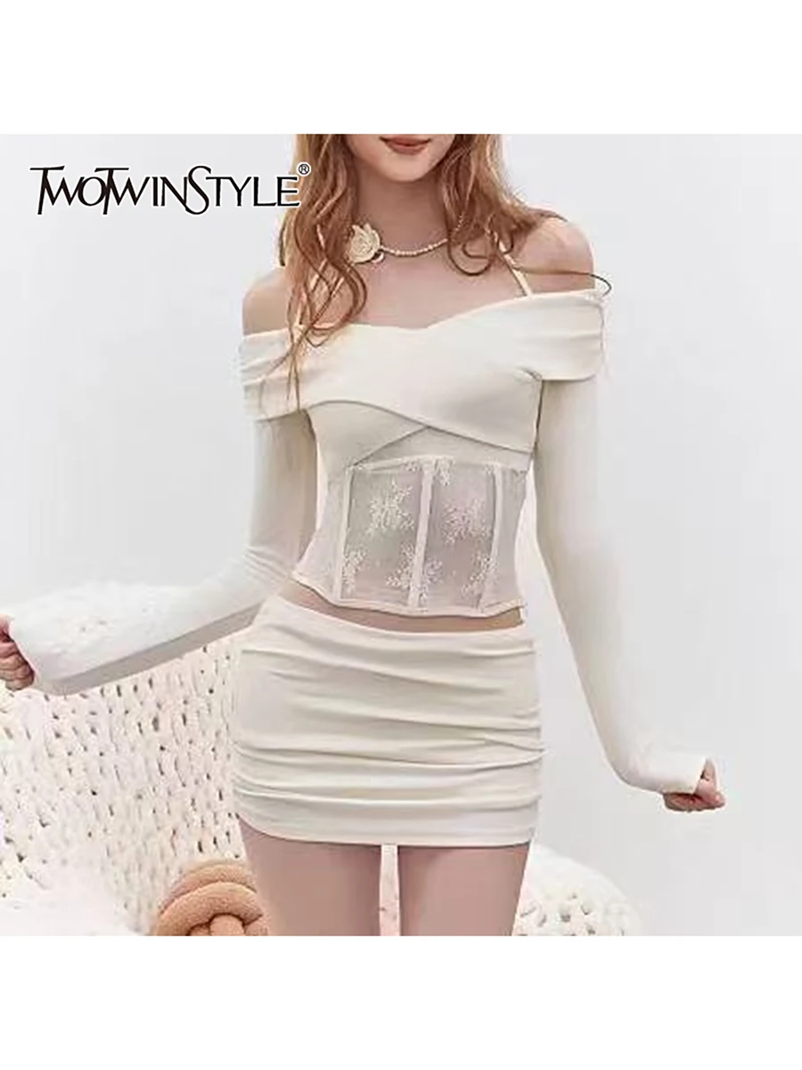 TWOTWINSTYL Slimming Two Piece Sets for Women Halter Off Shoulder Spliced Lace T Shirt High Wasit Mini Skirt Elegant Set Female
TWOTWINSTYL Slimming Two Piece Sets for Women Halter Off Shoulder Spliced Lace T Shirt High Wasit Mini Skirt Elegant Set Female