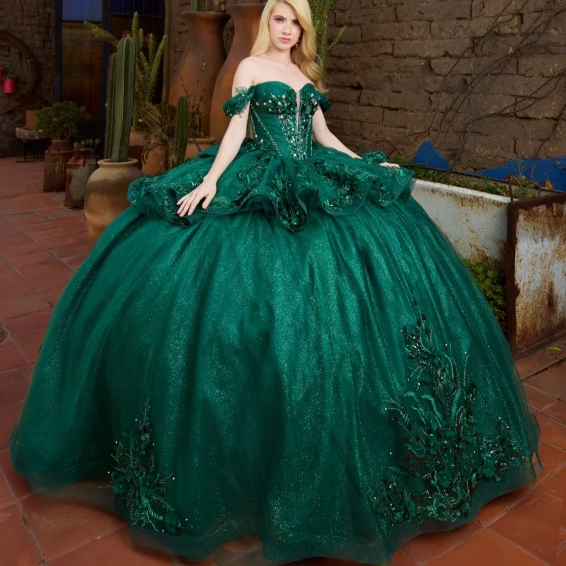 Shiny Dark Green Quinceanera Dress off-shoulder Crystal 3D Flower Decal Long tail Bow vestidos de 15 Quinceanera Customize
Shiny Dark Green Quinceanera Dress off-shoulder Crystal 3D Flower Decal Long tail Bow vestidos de 15 Quinceanera Customize