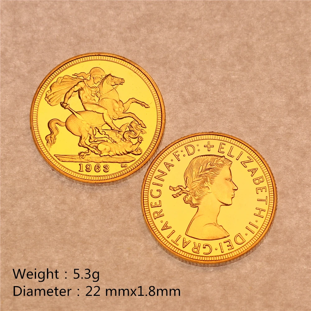 1963 British Sovereign George UK Elizabeth II Gold Plated Sovereign Coin Modern Art Commemorative Coin Collect 22mm*1.8mm
1963 British Sovereign George UK Elizabeth II Gold Plated Sovereign Coin Modern Art Commemorative Coin Collect 22mm*1.8mm