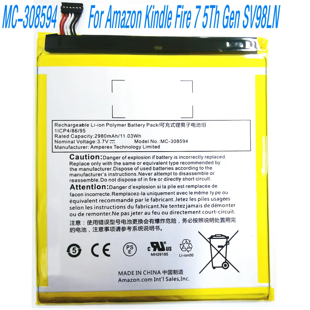 3.7V 11.03Wh MC-308594 Replacement Li-ion Polymer Battery For Amazon Kindle Fire 7 5Th Gen SV98LN Long-Lasting Performance
3.7V 11.03Wh MC-308594 Replacement Li-ion Polymer Battery For Amazon Kindle Fire 7 5Th Gen SV98LN Long-Lasting Performance