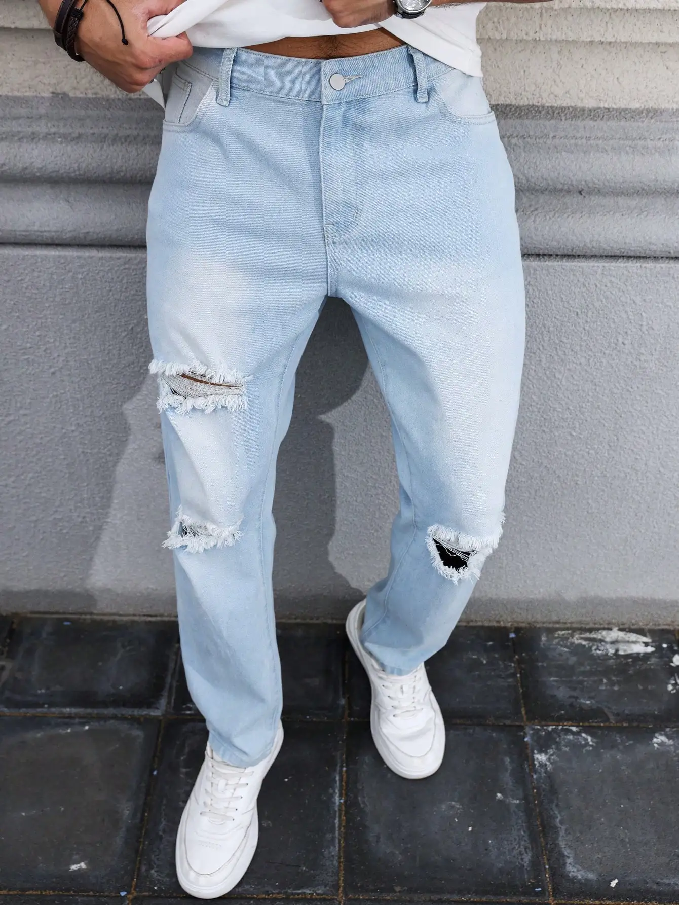 Men's Light Blue Ripped Jeans for Spring and Autumn. Casual Denim Trousers. Street Ripped Daily Casual
Men's Light Blue Ripped Jeans for Spring and Autumn. Casual Denim Trousers. Street Ripped Daily Casual