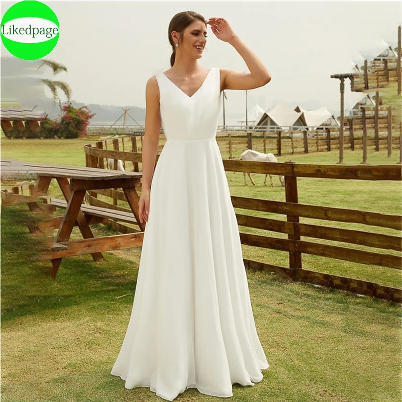 Simple Chiffon Beach Wedding Dresses For Women V-Neck Bride A-Line Sleeveless Bridal Gown Lace Backless Vestidos De Novia2023
Simple Chiffon Beach Wedding Dresses For Women V-Neck Bride A-Line Sleeveless Bridal Gown Lace Backless Vestidos De Novia2023