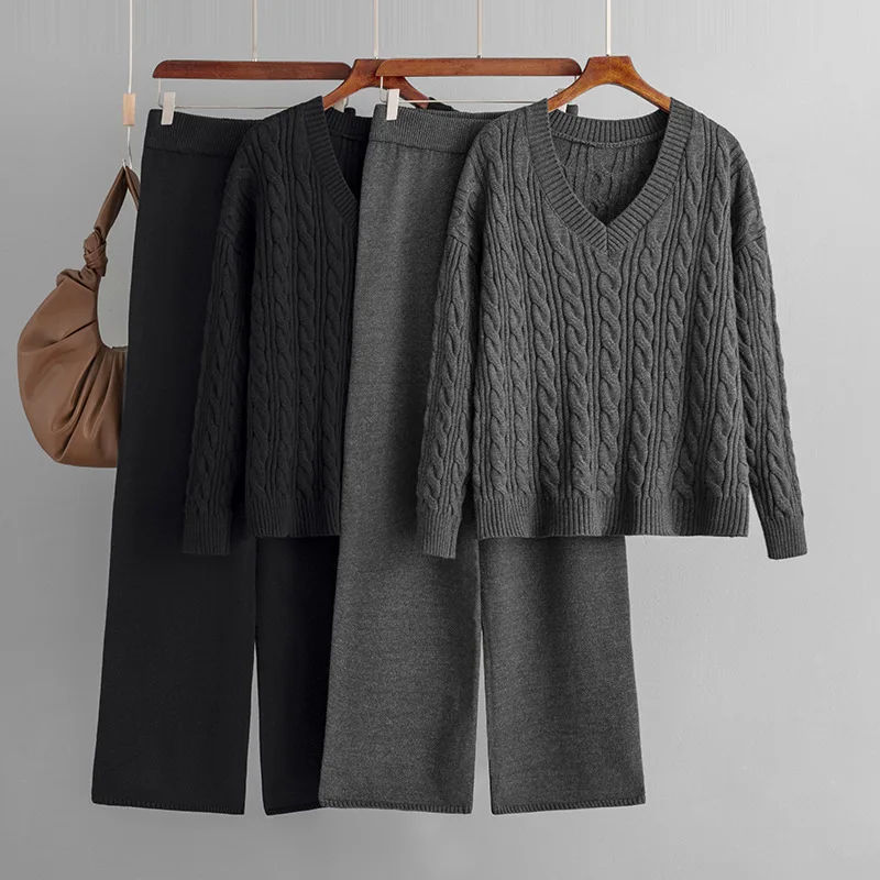 Women Fall New Casual V-neck Pocket Plaid Long Sleeved High Waist Solid Wide Leg Pants Winter Knit Set E1146
Women Fall New Casual V-neck Pocket Plaid Long Sleeved High Waist Solid Wide Leg Pants Winter Knit Set E1146