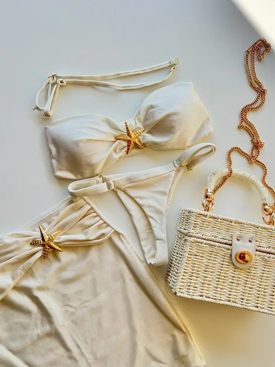 Sexy Solid Color 3 Piece Swimsuit for Women Starfish Decoration Bikini Set Beach Skirt Thong Detachable Sling Swimwear 2025 New
Sexy Solid Color 3 Piece Swimsuit for Women Starfish Decoration Bikini Set Beach Skirt Thong Detachable Sling Swimwear 2025 New
