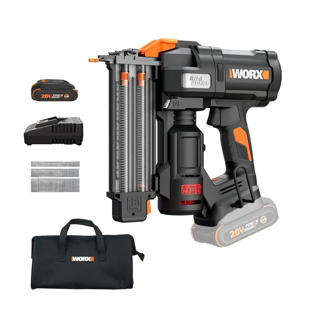 20V 18 Gauge Brushless Nailer, High Torque, Drives 2-1/8 Nails, Slim Nose, 3 LED Lights, 3000 Nails & 20V 2.0Ah Battery Included
20V 18 Gauge Brushless Nailer, High Torque, Drives 2-1/8 Nails, Slim Nose, 3 LED Lights, 3000 Nails & 20V 2.0Ah Battery Included