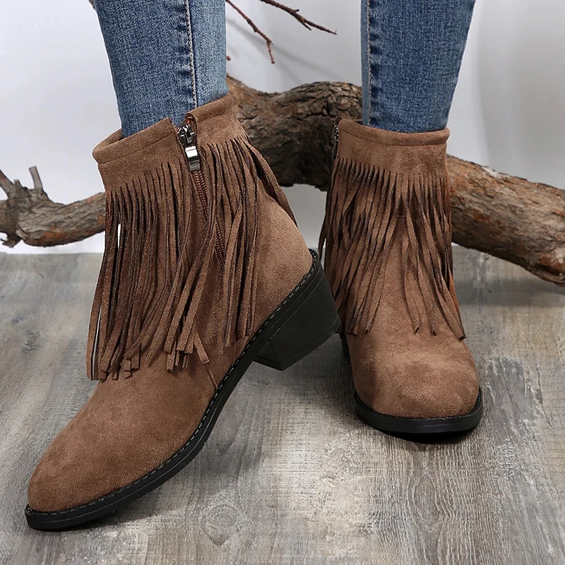 Vintage Fringe Western Cowboy Boots Women Autumn Fashion Suede Square Heels Ankle Boots Women Pointed Toe Med Heel Short Botas
Vintage Fringe Western Cowboy Boots Women Autumn Fashion Suede Square Heels Ankle Boots Women Pointed Toe Med Heel Short Botas