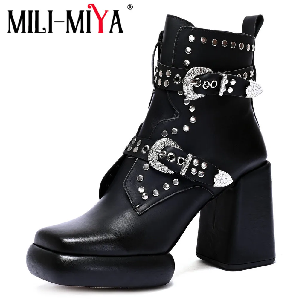 MILI-MIYA Fashion Metal Rivet Women Cow Leather Ankle Boots Square Toe Zippers Solid Color Punk Style Thick Heels Casual Street
MILI-MIYA Fashion Metal Rivet Women Cow Leather Ankle Boots Square Toe Zippers Solid Color Punk Style Thick Heels Casual Street