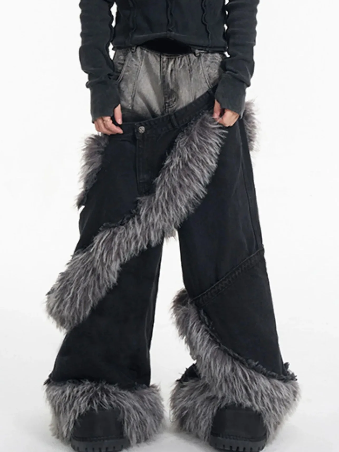 Gothic High Street Personality Punk Fur Patchwork Spiral Denim Flare Jeans Fashion Fake Two Piece Pants For Man And Woman
Gothic High Street Personality Punk Fur Patchwork Spiral Denim Flare Jeans Fashion Fake Two Piece Pants For Man And Woman