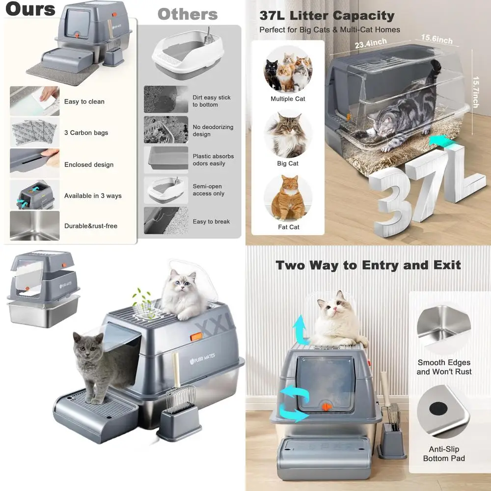 Large Enclosed Stainless Steel Litter Box with High Sides for Jumbo Cats, Low Entry, Odor-Controlled, Easy to Clean
Large Enclosed Stainless Steel Litter Box with High Sides for Jumbo Cats, Low Entry, Odor-Controlled, Easy to Clean