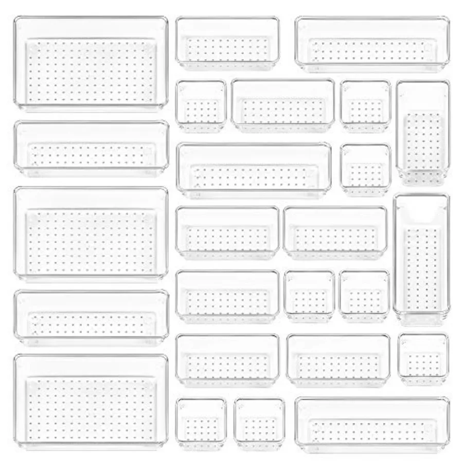 25 PCS Plastic Drawer Organizers Set, 4-Size Versatile Bathroom and Vanity Drawer Organizer Trays, Storage Bins for Makeup, Bed
25 PCS Plastic Drawer Organizers Set, 4-Size Versatile Bathroom and Vanity Drawer Organizer Trays, Storage Bins for Makeup, Bed