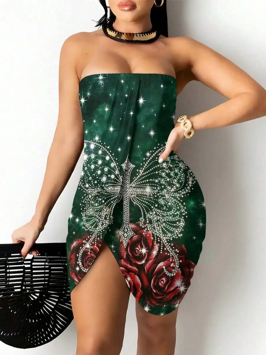 Strapless Tube Mini Dress Dark Green Cross Rose Print Bodycon With Slit Hem
Strapless Tube Mini Dress Dark Green Cross Rose Print Bodycon With Slit Hem