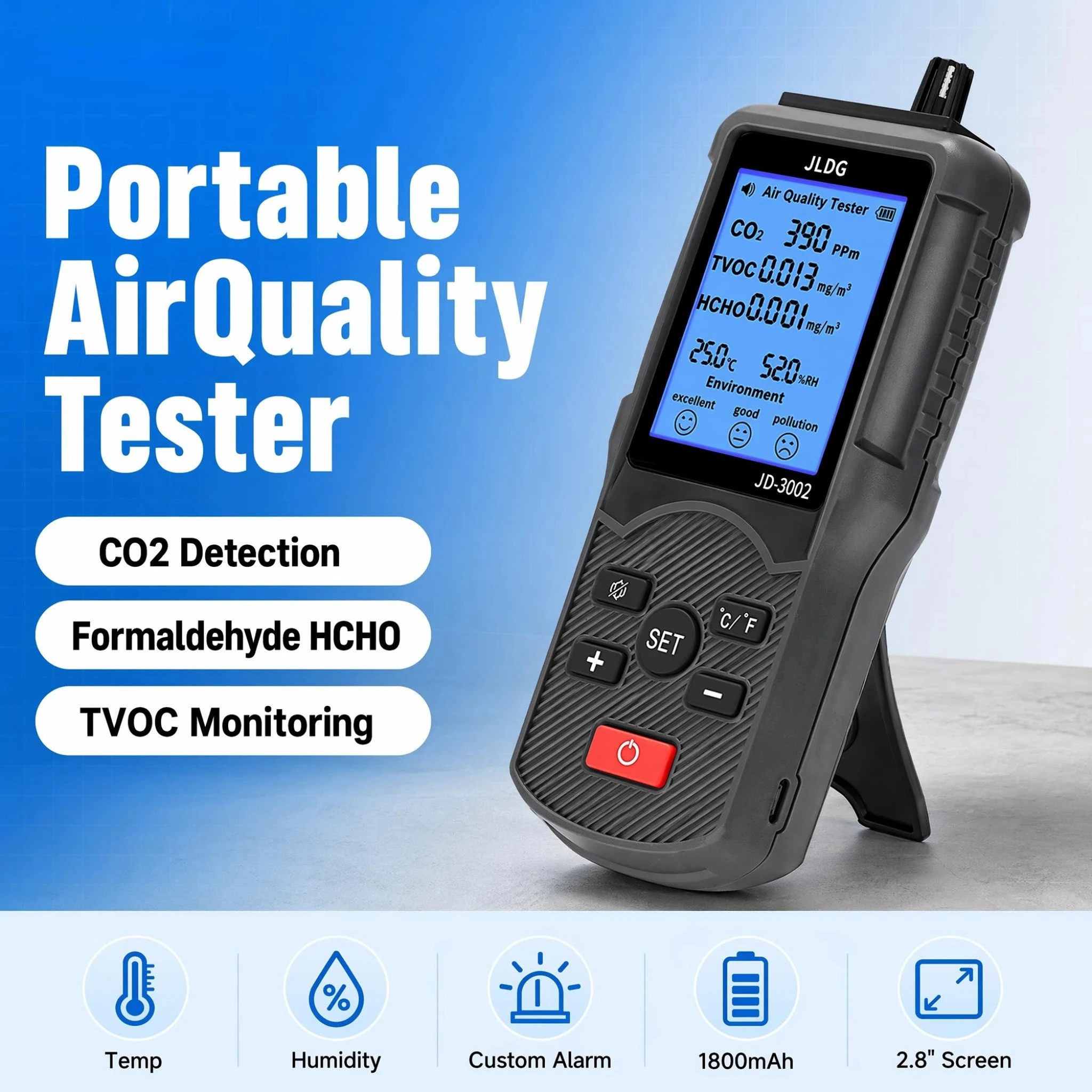 Air Quality Tester CO2 TVOC HCHO Monitor Temp Humidity 3.7V Rechargeable Alarm for Home Office Car Indoor Air Detector T5-JD3002
Air Quality Tester CO2 TVOC HCHO Monitor Temp Humidity 3.7V Rechargeable Alarm for Home Office Car Indoor Air Detector T5-JD3002