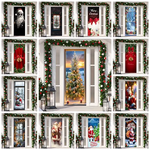2025 New Year Christmas Decoration Door Sticker Removable Festival Xmas Santa Claus 3D Glass Door View Scenery Door Cover Decal