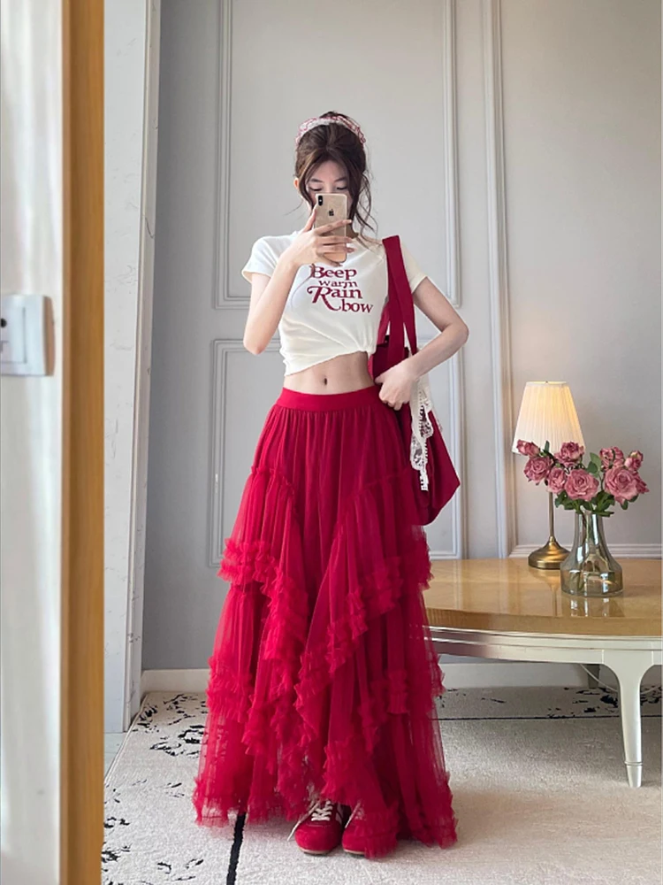 Korean Style Heavy Industry Lace Mesh Cake Skirt Half length Skirt Thinning and Layered Red Yarn A-line Skirt for Women
Korean Style Heavy Industry Lace Mesh Cake Skirt Half length Skirt Thinning and Layered Red Yarn A-line Skirt for Women
