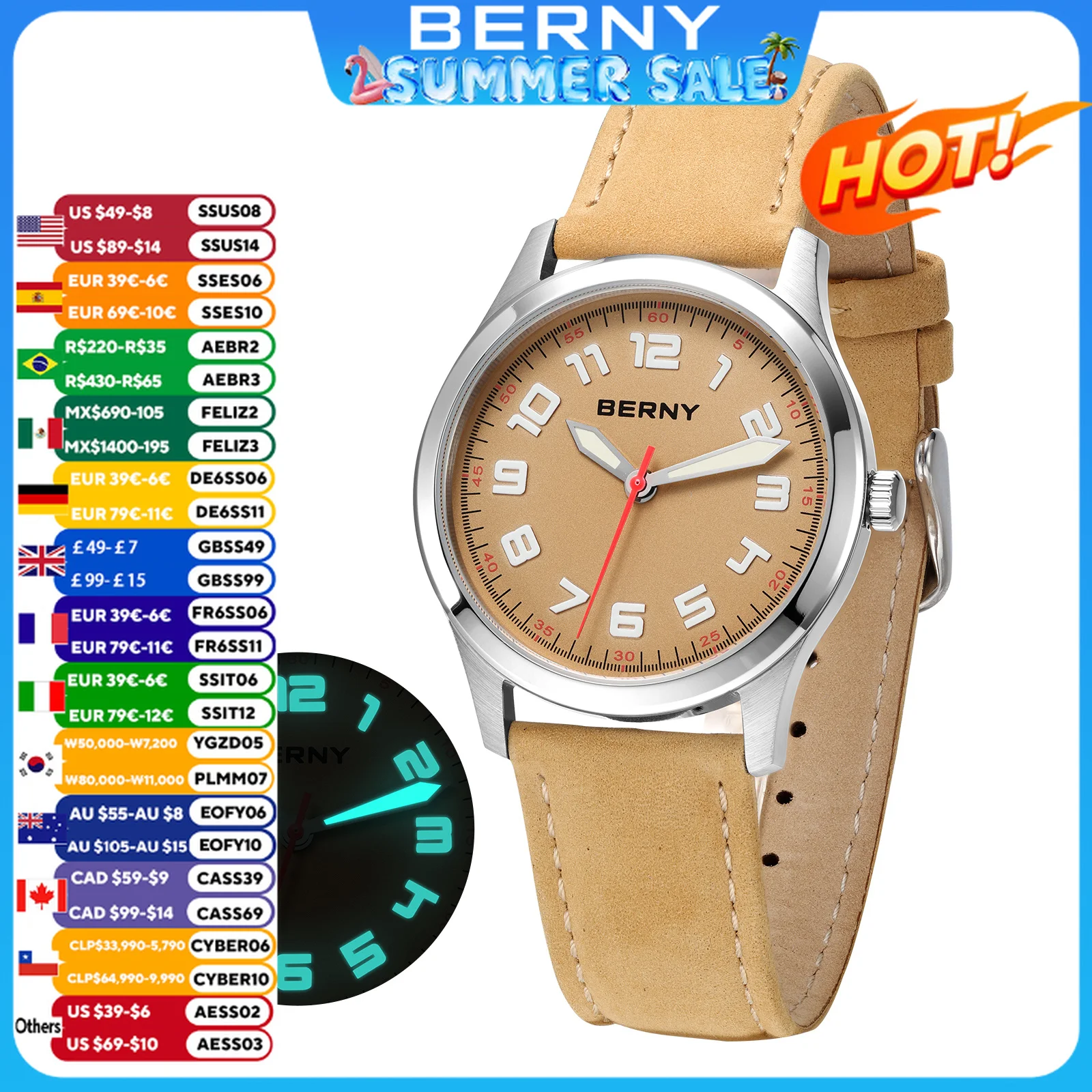 BERNY Men's Quartz Casual Watch Luminous Stainless Steel Leather Strap Sapphire Coated Miyota 2035 3ATM Fashion Men's Wristwatch
BERNY Men's Quartz Casual Watch Luminous Stainless Steel Leather Strap Sapphire Coated Miyota 2035 3ATM Fashion Men's Wristwatch