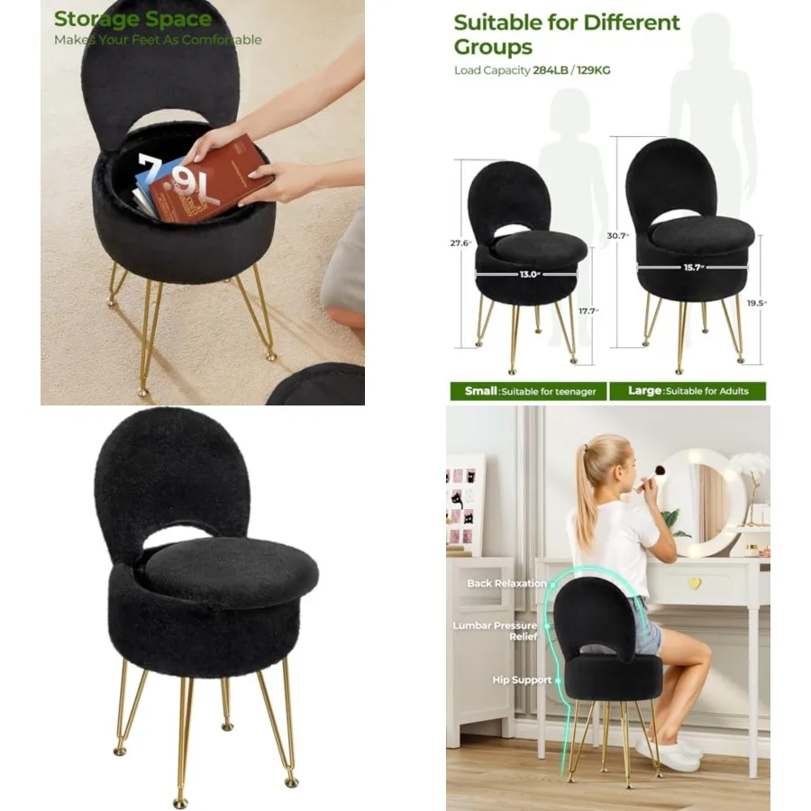 Small Vanity Stool Chair with Storage and Folding Back, 13" x 13" x 17.7" Faux Fur Soft Ottoman for Teenager, 4 Metal Legs with
Small Vanity Stool Chair with Storage and Folding Back, 13" x 13" x 17.7" Faux Fur Soft Ottoman for Teenager, 4 Metal Legs with