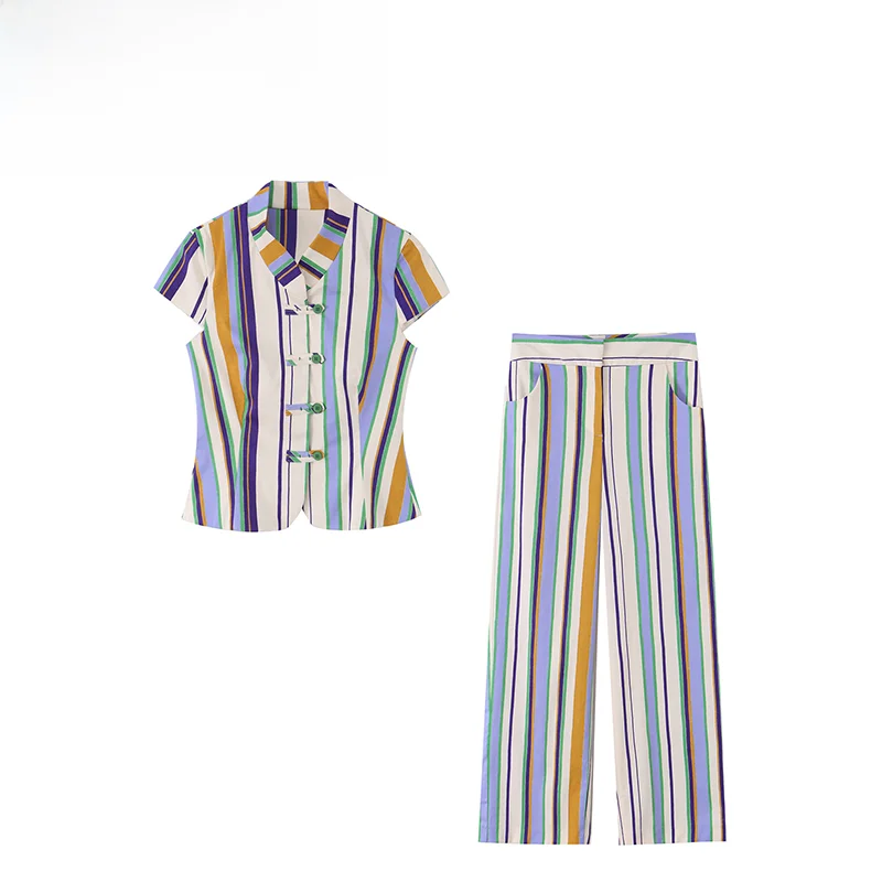 Fashionable Striped Rope Buckle Top And Straight Leg Pants Women's Summer New Arrival Two Piece Set Polyester Fiber Long Pants
Fashionable Striped Rope Buckle Top And Straight Leg Pants Women's Summer New Arrival Two Piece Set Polyester Fiber Long Pants