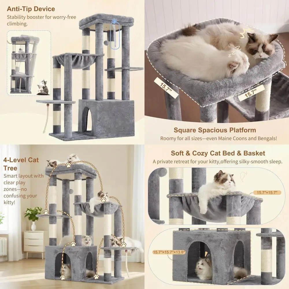 Sturdy Indoor Cat Tower for Large Felines, Multi-Level with Scratching, Hammock, and Toys, Light Gray HCT026W
Sturdy Indoor Cat Tower for Large Felines, Multi-Level with Scratching, Hammock, and Toys, Light Gray HCT026W