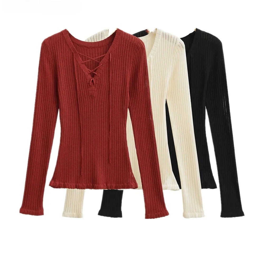 3 colors 2025 Women Cross Lacing Up Bandage V neck Rib Knitted Sweater Vintage Slim Pullover Knitwear Full Sleeve Jumper Tops
3 colors 2025 Women Cross Lacing Up Bandage V neck Rib Knitted Sweater Vintage Slim Pullover Knitwear Full Sleeve Jumper Tops