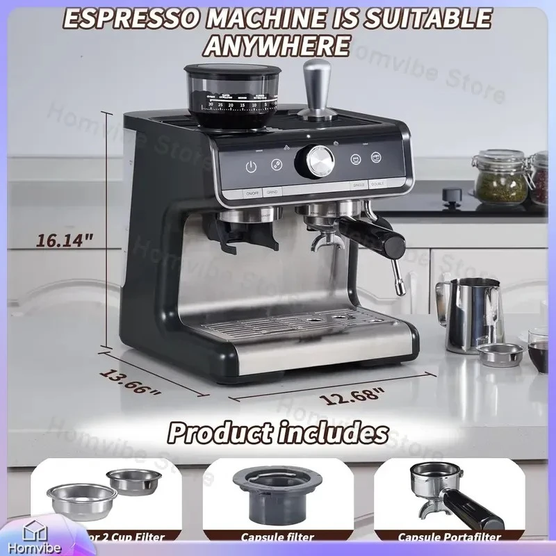 Espresso Machine with Built-in Grinder and Milk Frother Steam Wand 20 Bar Pressure Cappuccino Coffee Maker 1450W for Home
Espresso Machine with Built-in Grinder and Milk Frother Steam Wand 20 Bar Pressure Cappuccino Coffee Maker 1450W for Home