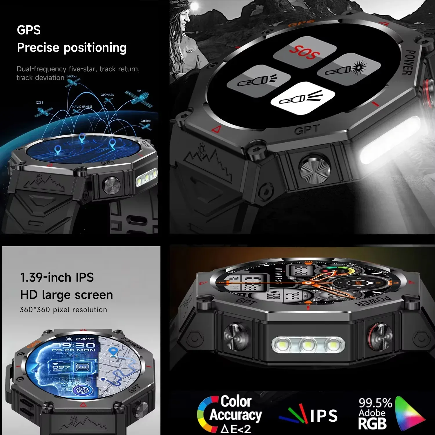 Sports Smart Watch Waterproof with Heart Rate Blood Oxygen Monitor Bluetooth Call GPS Compass for Outdoor Fitness Activities
Sports Smart Watch Waterproof with Heart Rate Blood Oxygen Monitor Bluetooth Call GPS Compass for Outdoor Fitness Activities