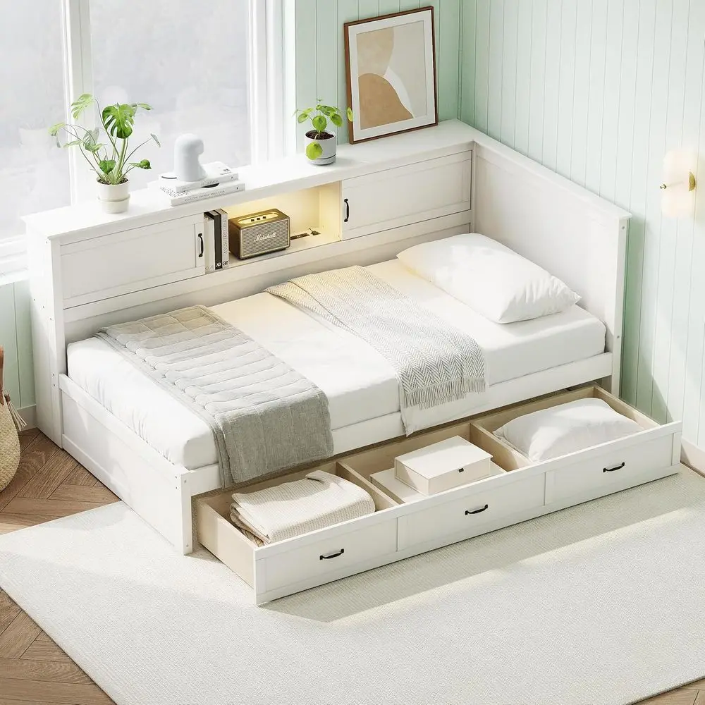 Twin Daybed with Storage Drawers, USB Port, LED Light, and Bookcase - Suitable for Kids, Teens, Adults - White
Twin Daybed with Storage Drawers, USB Port, LED Light, and Bookcase - Suitable for Kids, Teens, Adults - White