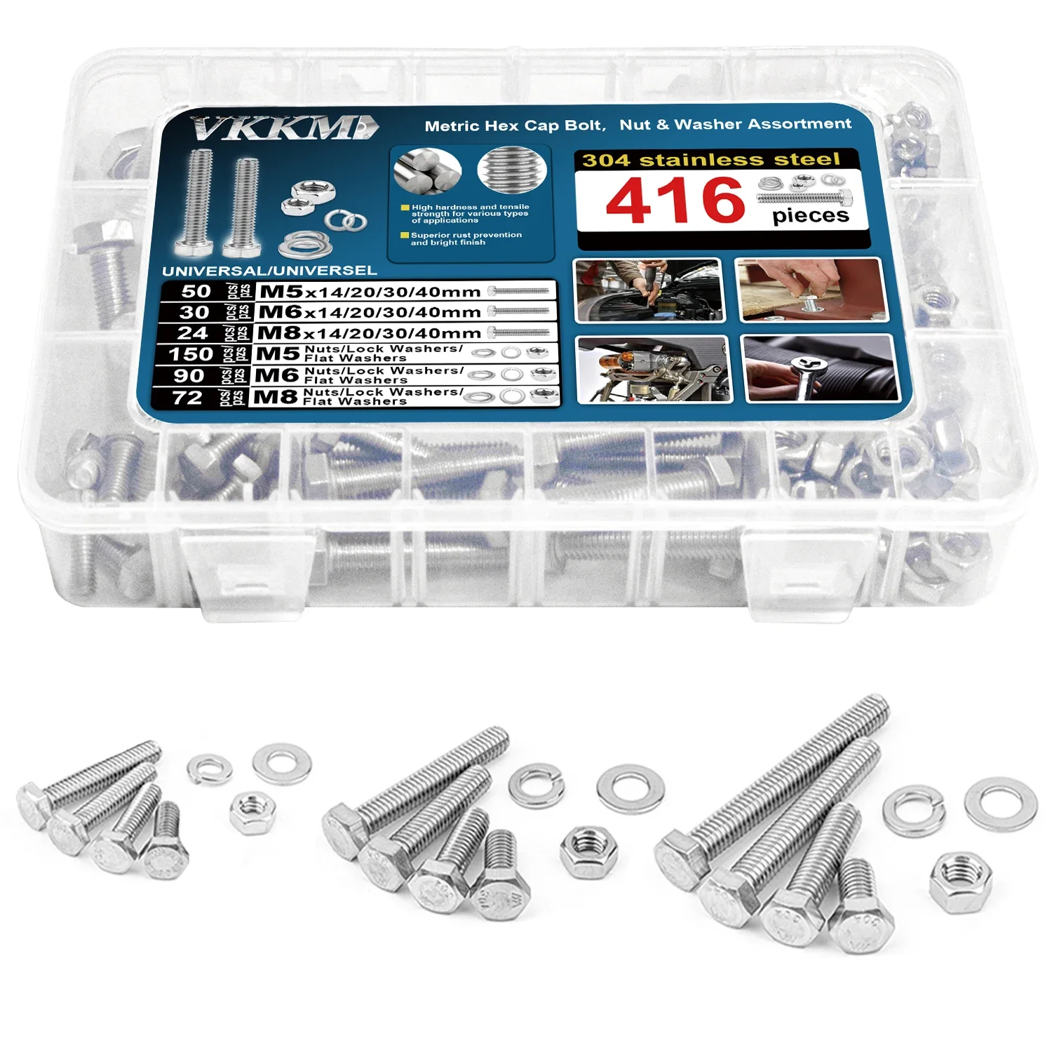 VKKM Комплект метрических болтов и гаек из нержавеющей стали из 416 предметов — шестигранные винты M5 M6 M8, гайки, шайбы — многоразовый корпус
VKKM Комплект метрических болтов и гаек из нержавеющей стали из 416 предметов — шестигранные винты M5 M6 M8, гайки, шайбы — многоразовый корпус