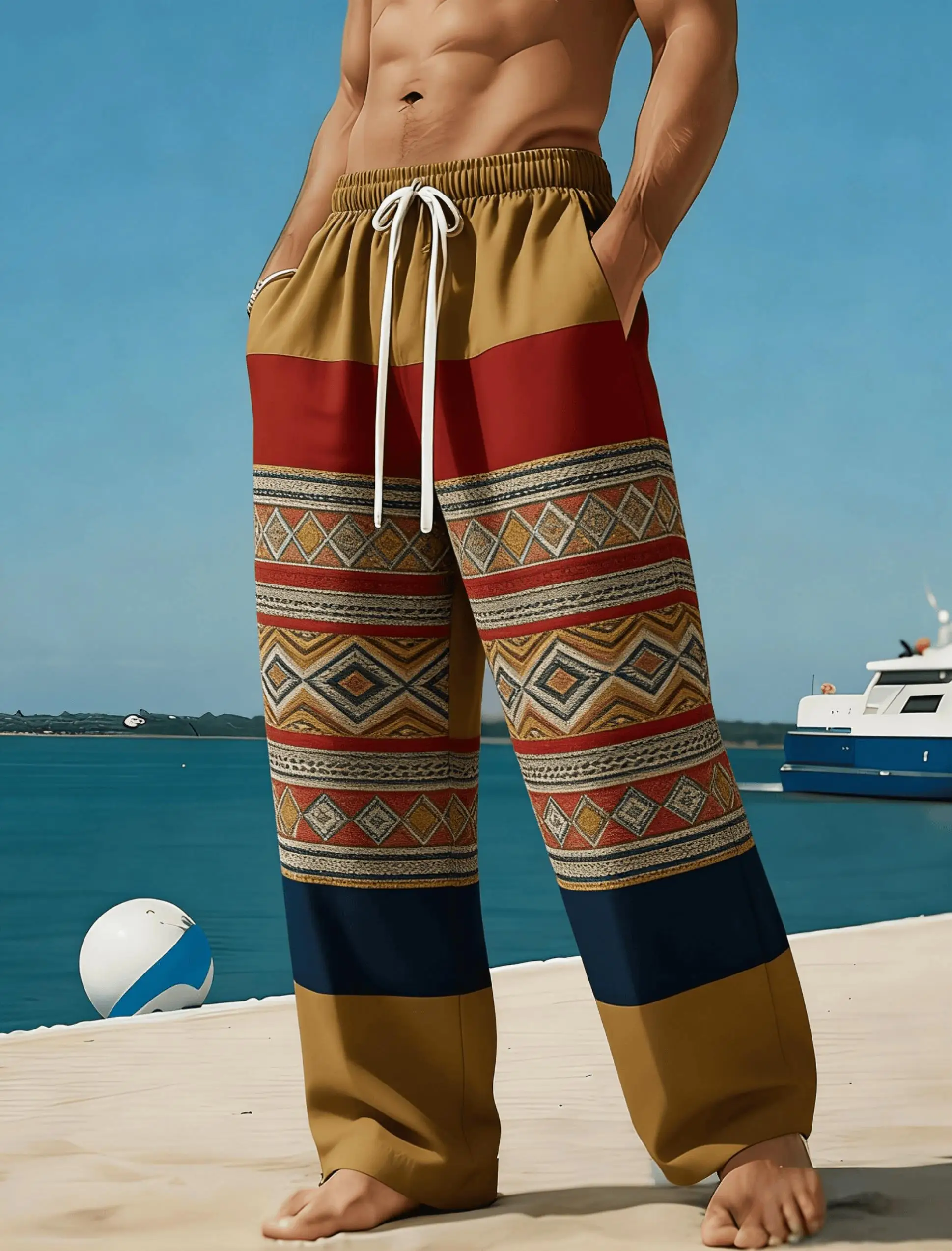 Men's Ethnic Geometric Stripe Print Casual Pants, Spring Summer Vacation Loose Straight Trousers, Drawstring Waist
Men's Ethnic Geometric Stripe Print Casual Pants, Spring Summer Vacation Loose Straight Trousers, Drawstring Waist