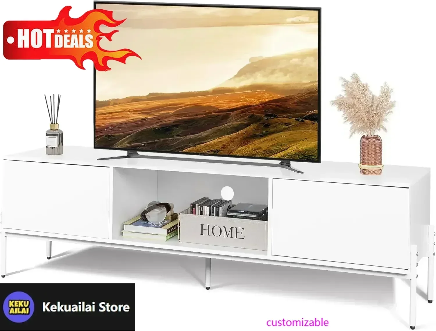 Modern TV Stand For 65 Inch TV, Mid Century Center With Storage, TV Cabinet With Metal Legs, White-hot
Modern TV Stand For 65 Inch TV, Mid Century Center With Storage, TV Cabinet With Metal Legs, White-hot