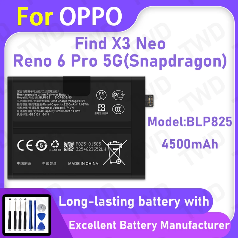 4500mAh BLP825 Battery For OPPO Find X3 Neo/Reno 6 Pro 5G(Snapdragon) Replacement Bateria+Free Tools
4500mAh BLP825 Battery For OPPO Find X3 Neo/Reno 6 Pro 5G(Snapdragon) Replacement Bateria+Free Tools