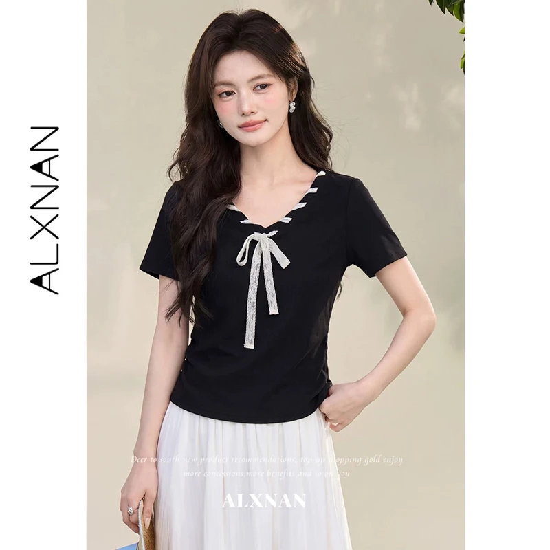 ALXNAN Black T-shirt Women New Elegant V-neck Lace-up Design Chic T-shirts 2026 Summer Casual Short Sleeve Tops Female L56350-3
ALXNAN Black T-shirt Women New Elegant V-neck Lace-up Design Chic T-shirts 2026 Summer Casual Short Sleeve Tops Female L56350-3