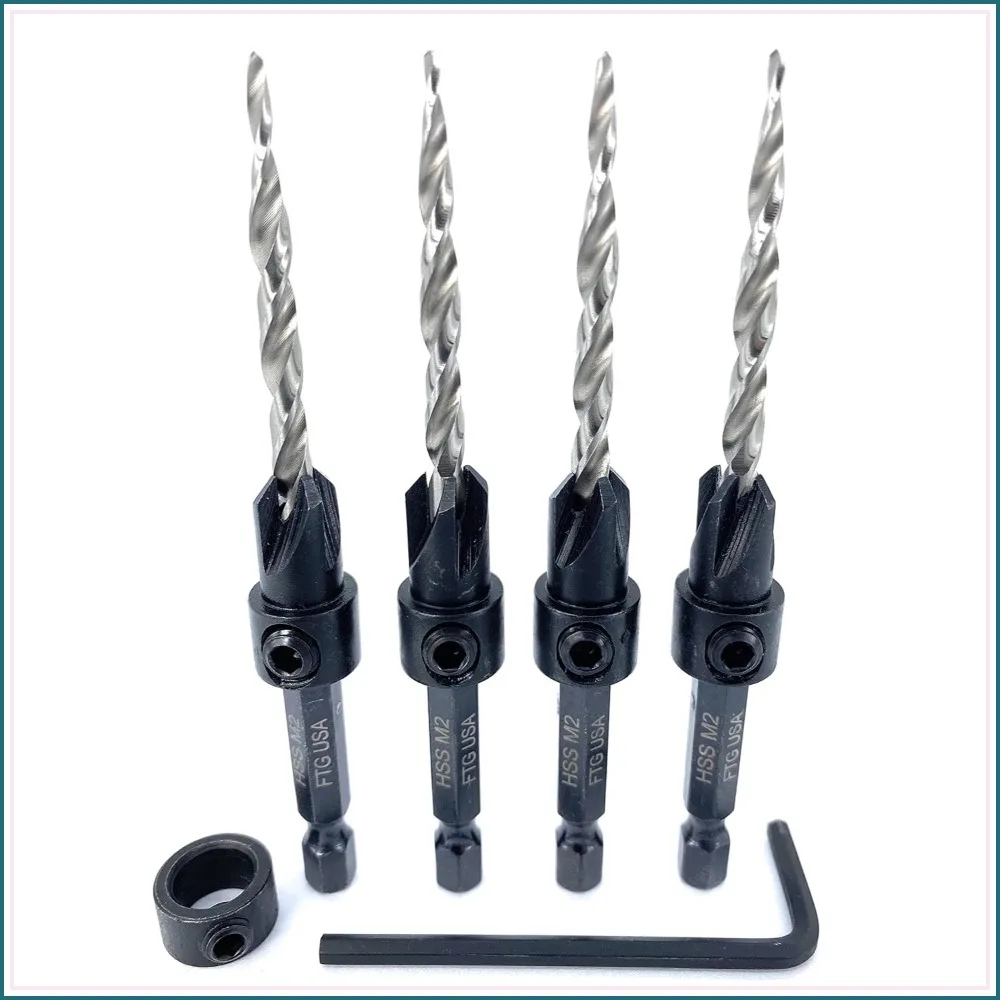 Countersink Drill Bit Set 4 Pc #8 (11/64") Wood Bit, Tapered Bit, Stop Collar, Hex Wrench for Woodworking
Countersink Drill Bit Set 4 Pc #8 (11/64") Wood Bit, Tapered Bit, Stop Collar, Hex Wrench for Woodworking