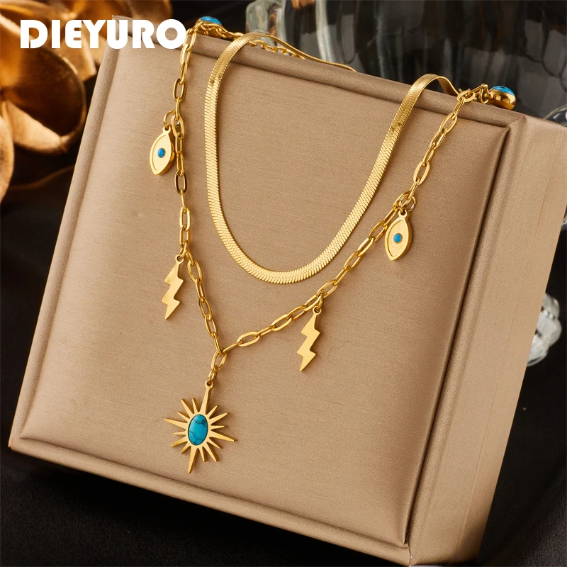 DIEYURO 316L Stainless Steel 2-Layer Green Stone Sun Pendant Necklace For Women Designer Vintage Lightning Eye Chain Jewelry
DIEYURO 316L Stainless Steel 2-Layer Green Stone Sun Pendant Necklace For Women Designer Vintage Lightning Eye Chain Jewelry
