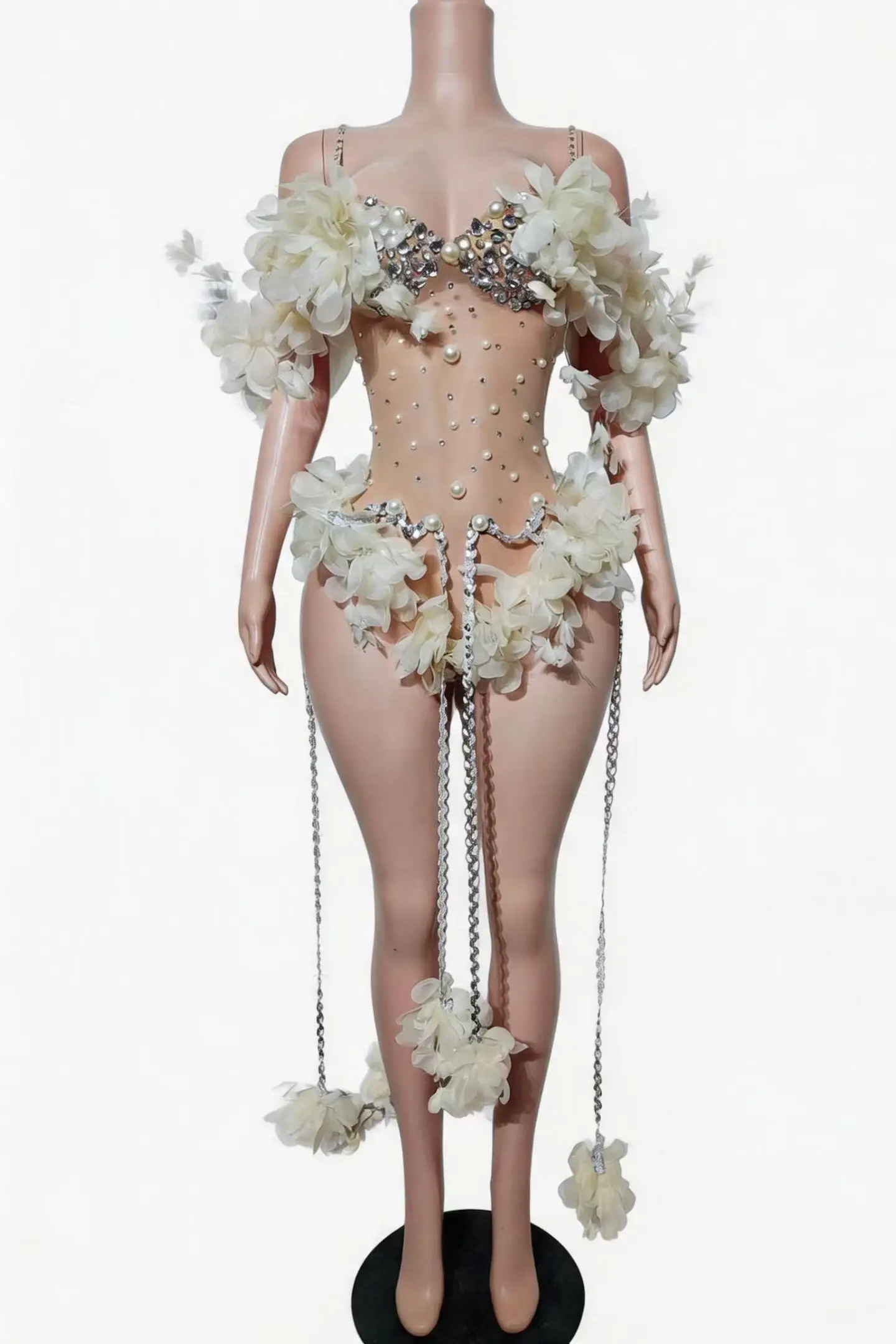 Huayan Women White 3D Floral Rhinestone Pearl Mesh Bodysuit Spaghetti Strap Chain Tassel Stage Performance Costume
Huayan Women White 3D Floral Rhinestone Pearl Mesh Bodysuit Spaghetti Strap Chain Tassel Stage Performance Costume