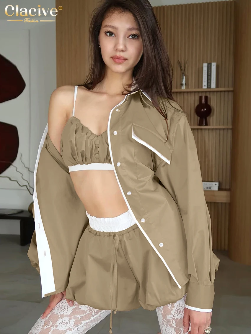 Clacive Fashion Slim Khaki Cotton Women's 3 Pieces Set Elegant Long Sleeve Shirt + Tank Top With High Waist Skirt Set Streetwear
Clacive Fashion Slim Khaki Cotton Women's 3 Pieces Set Elegant Long Sleeve Shirt + Tank Top With High Waist Skirt Set Streetwear