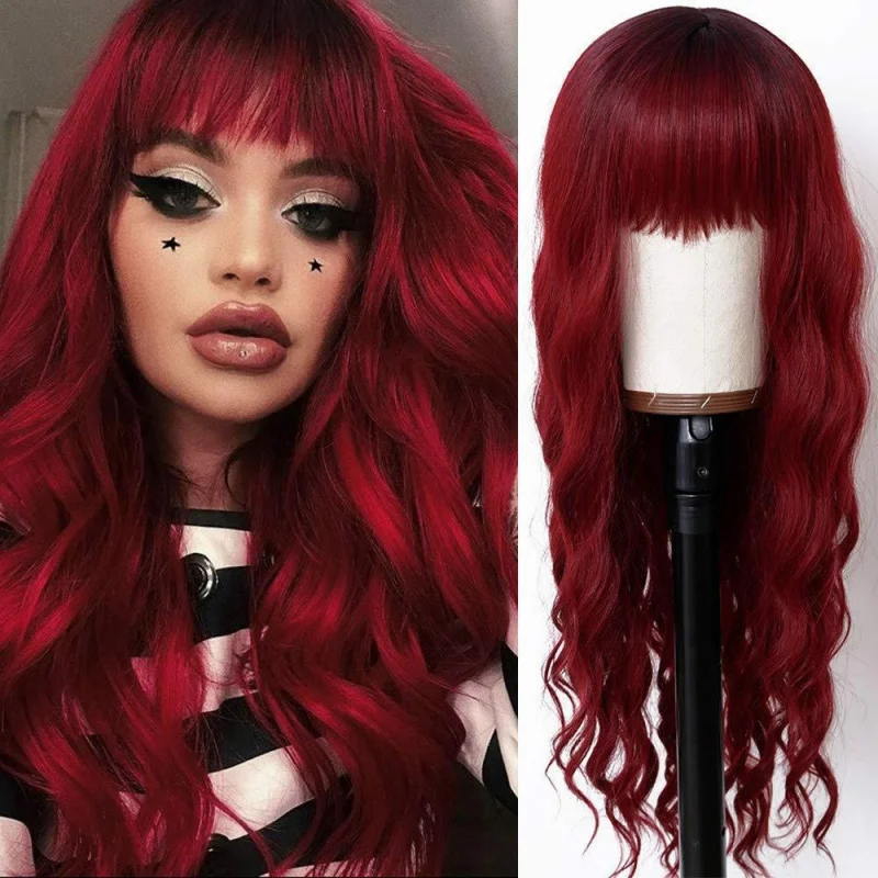 Women's pink long curly hair with big waves and air bangs, full head wig
Women's pink long curly hair with big waves and air bangs, full head wig