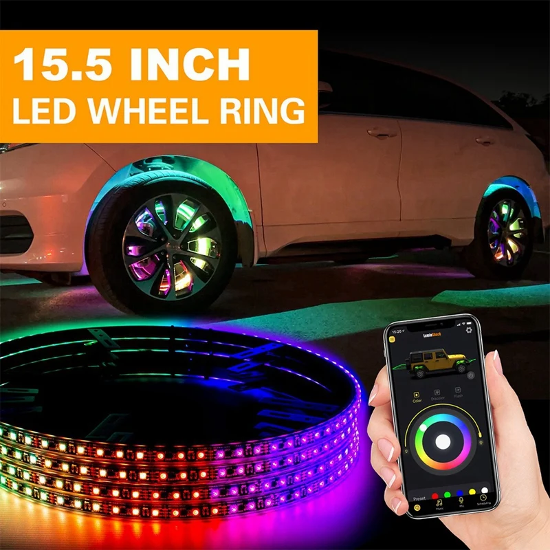 4PCS 15.5 Inch RGB LED Wheel Rim Atmosphere Light Kits Brake Strobe Ring Decorative Light Multi-Color App Remote Control
4PCS 15.5 Inch RGB LED Wheel Rim Atmosphere Light Kits Brake Strobe Ring Decorative Light Multi-Color App Remote Control