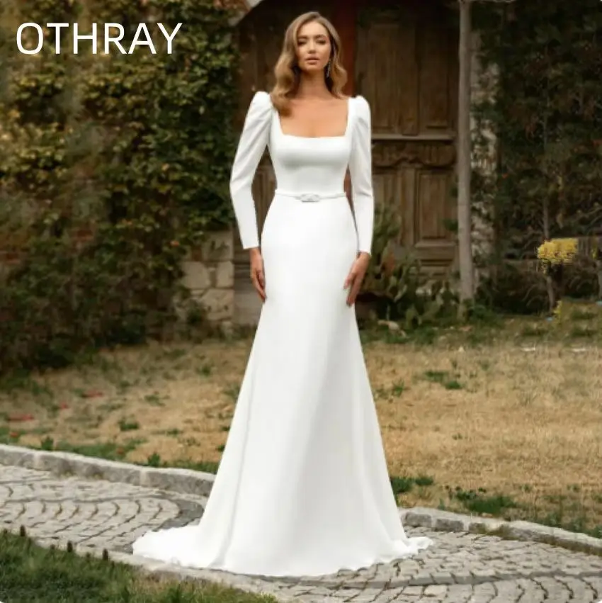 Square Collar Long Sleeves Backless Elastic Satin Bridal Gown Dresses Modern Country Mermaid Wedding Dress With Belt
Square Collar Long Sleeves Backless Elastic Satin Bridal Gown Dresses Modern Country Mermaid Wedding Dress With Belt