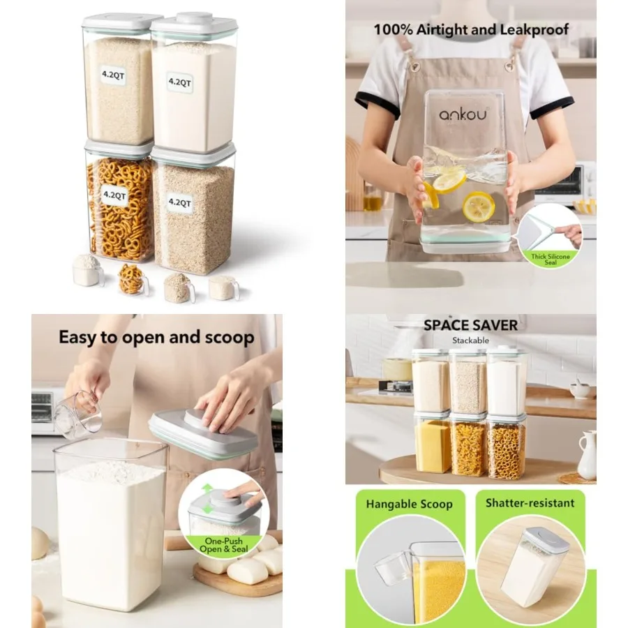 Airtight Food Storage Container with Pop Lid and 130ml Scoop, 4L/4.2qt *4 BPA-Free Cereal, Rice, Flour, Pasta and Snack Contain
Airtight Food Storage Container with Pop Lid and 130ml Scoop, 4L/4.2qt *4 BPA-Free Cereal, Rice, Flour, Pasta and Snack Contain