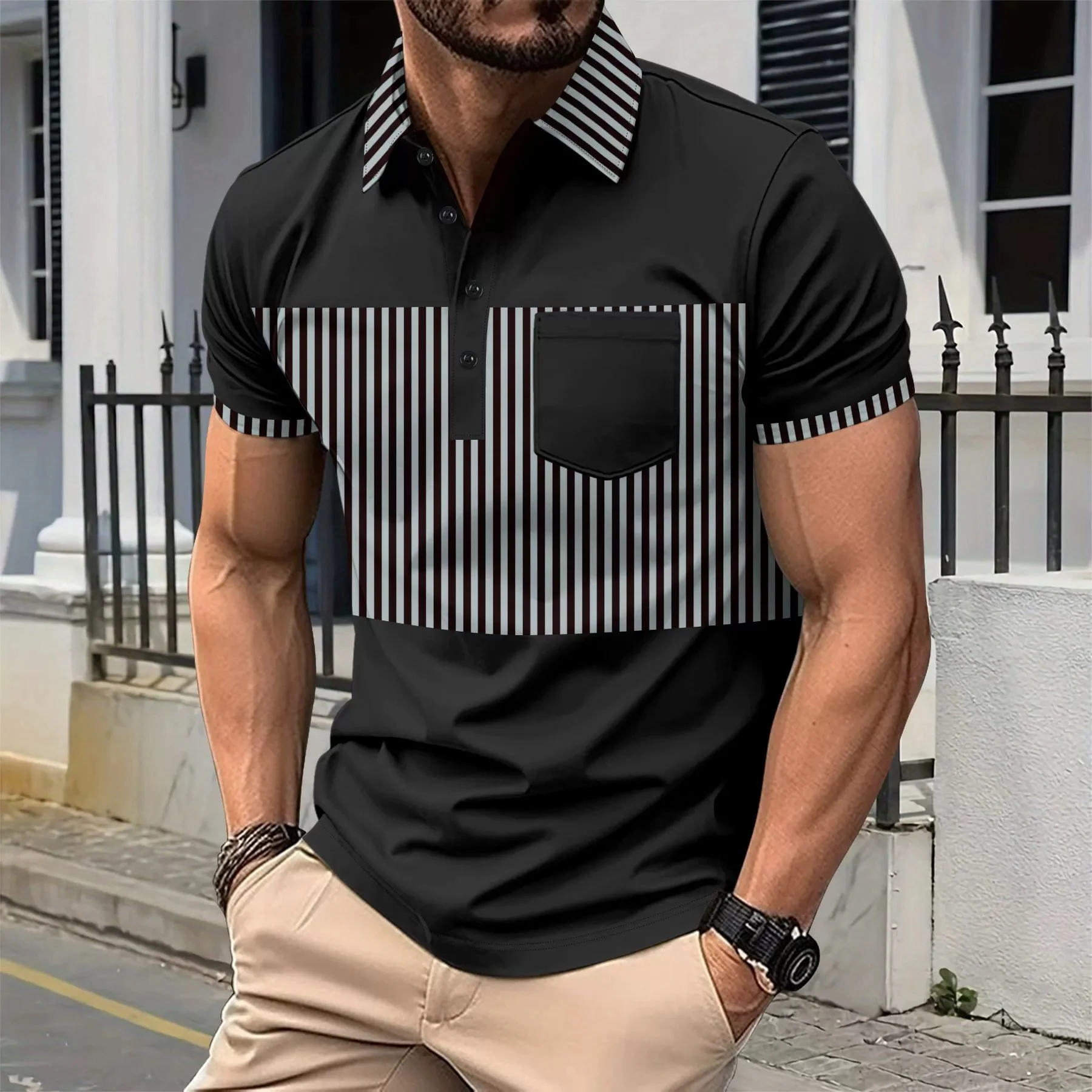 Men's summer fashion casual polo shirt, breathable striped patchwork faux pocket design for casual camping short-sleeved shirt
Men's summer fashion casual polo shirt, breathable striped patchwork faux pocket design for casual camping short-sleeved shirt