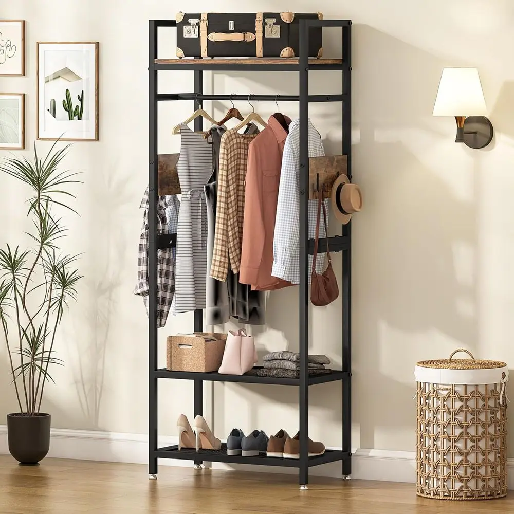 69 Heavy-Duty Garment Rack with Open Shelves and Hooks, Compact Closet Organizer for Bedroom, Brown & Black
69 Heavy-Duty Garment Rack with Open Shelves and Hooks, Compact Closet Organizer for Bedroom, Brown & Black