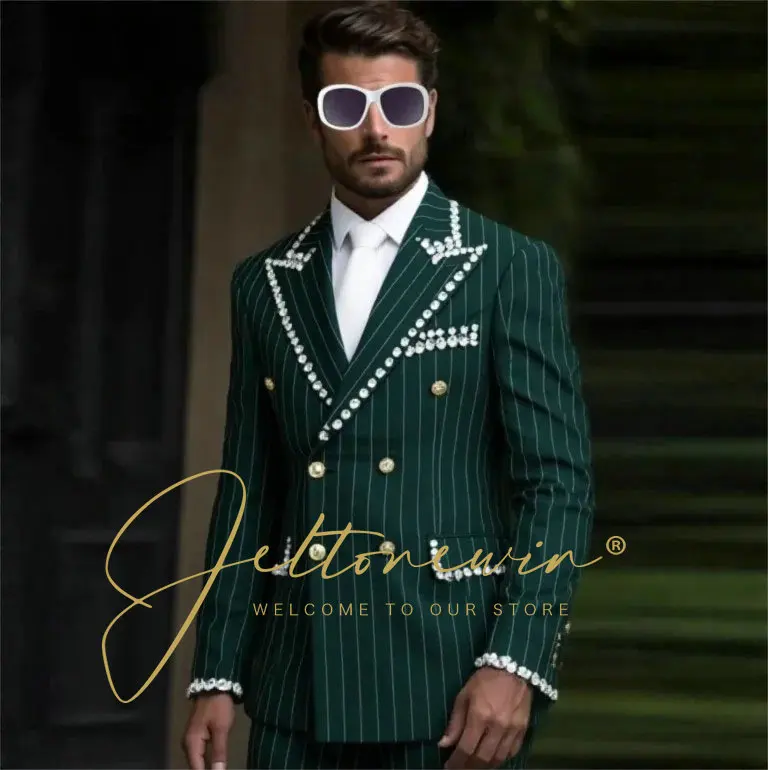 Dark Green Striped Crystal Men Suits Double Breasted Wedding Groom Tuxedo Business Male Party Blazer 2 Pieces trajes para hombre
Dark Green Striped Crystal Men Suits Double Breasted Wedding Groom Tuxedo Business Male Party Blazer 2 Pieces trajes para hombre