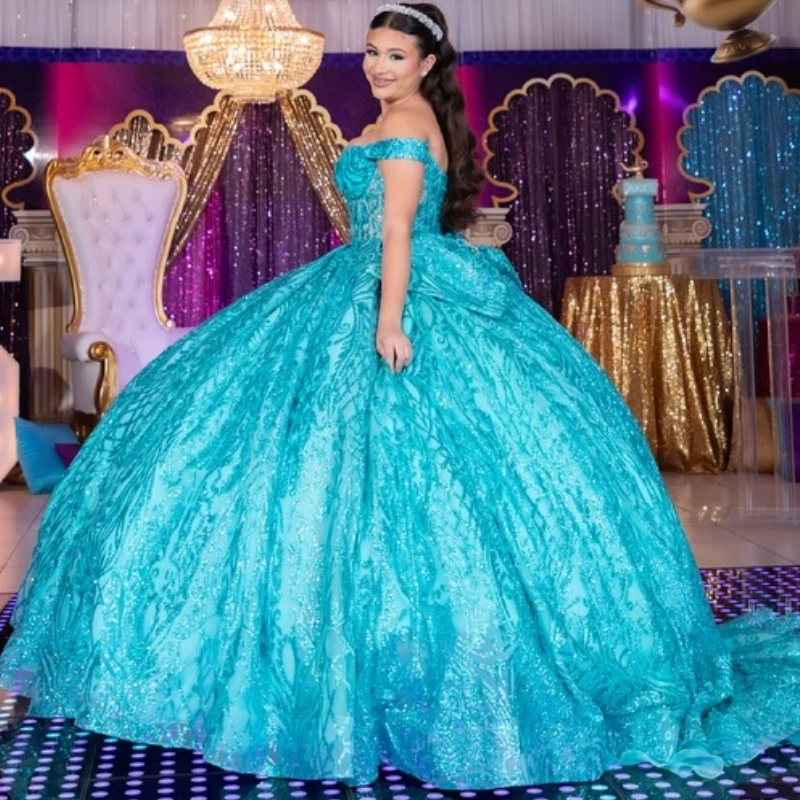Aqua Blue Shiny Quinceanera Dresses Off The Shoulder Sequin Applique Lace Beading Bow Tull Corset Party Birthday Sweet 16 Dress
Aqua Blue Shiny Quinceanera Dresses Off The Shoulder Sequin Applique Lace Beading Bow Tull Corset Party Birthday Sweet 16 Dress